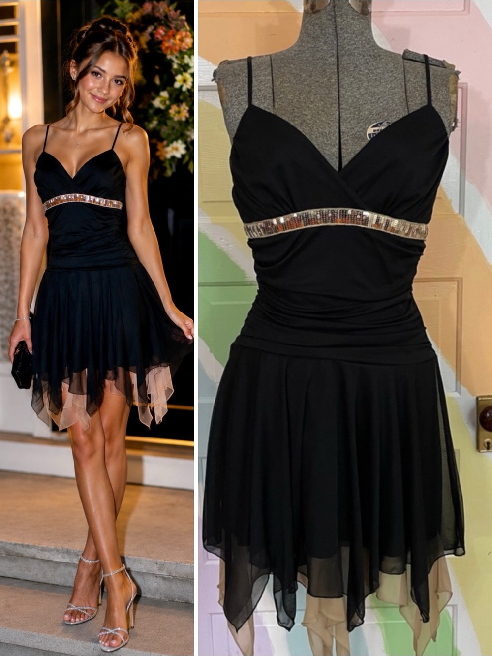 Y2K Speechless Party Dress Black Sequin Spaghetti Strap Ruched Romantic Fairy 💚🎀